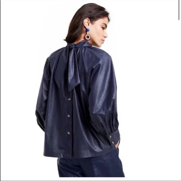 NWOT Rachel Comey For Target Long Sleeve Faux Leather Tie Back Top Navy Blue - Picture 2 of 6